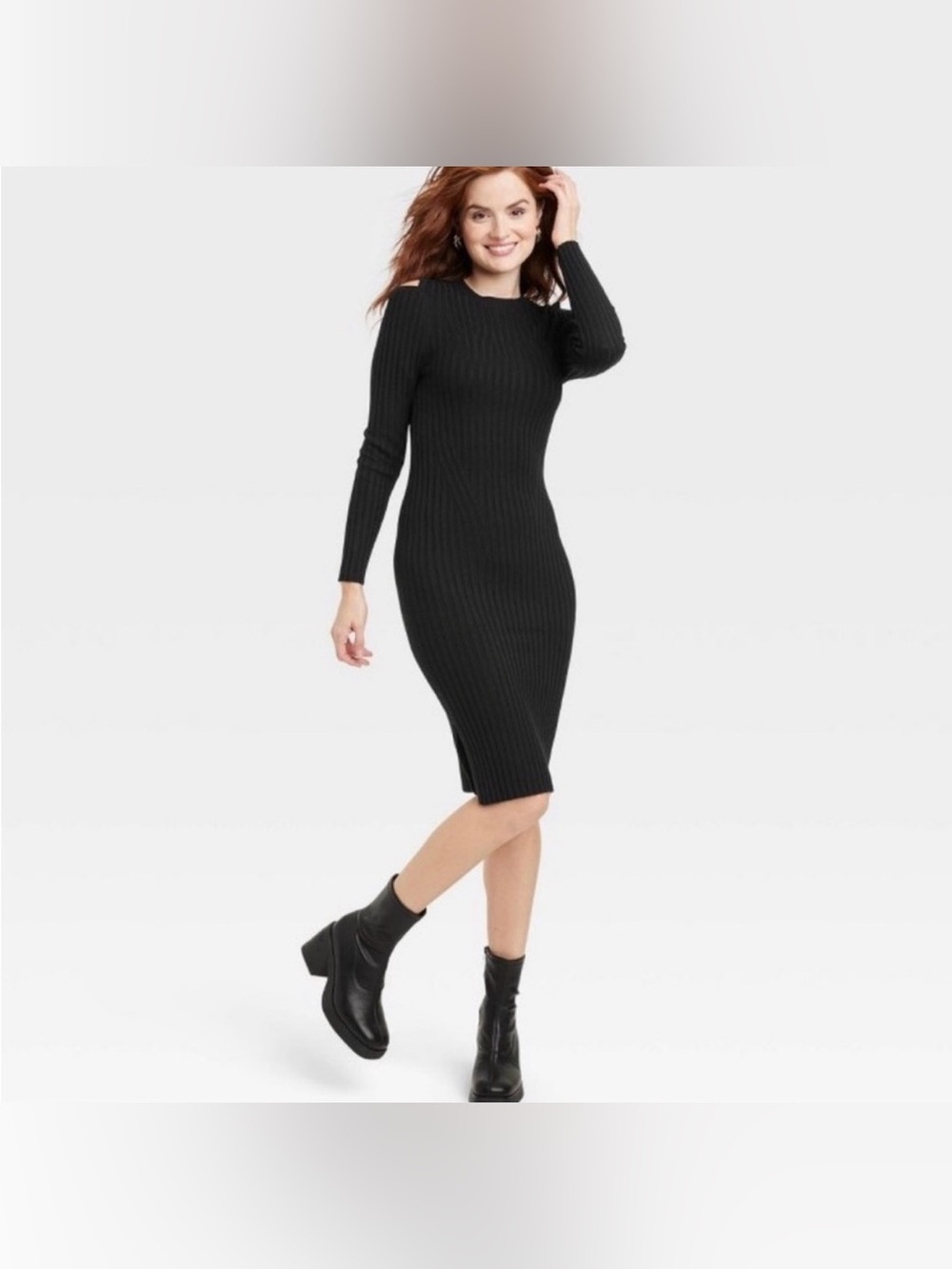 A New Day Bodycon Ribbed Cold Shoulder Slit Sweater Midi Dress